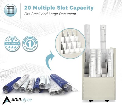 AdirOffice 20-Slot Mobile Roll File, Lockable, 24.75"H x 15.25"W x 13.25"D, White (624-WHI-KIT1)
