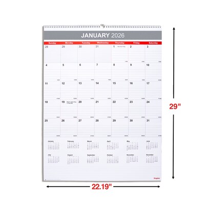 2026 Staples 22.19" x 29" Monthly Wall Calendar, White/Red/Gray (ST63005-26)