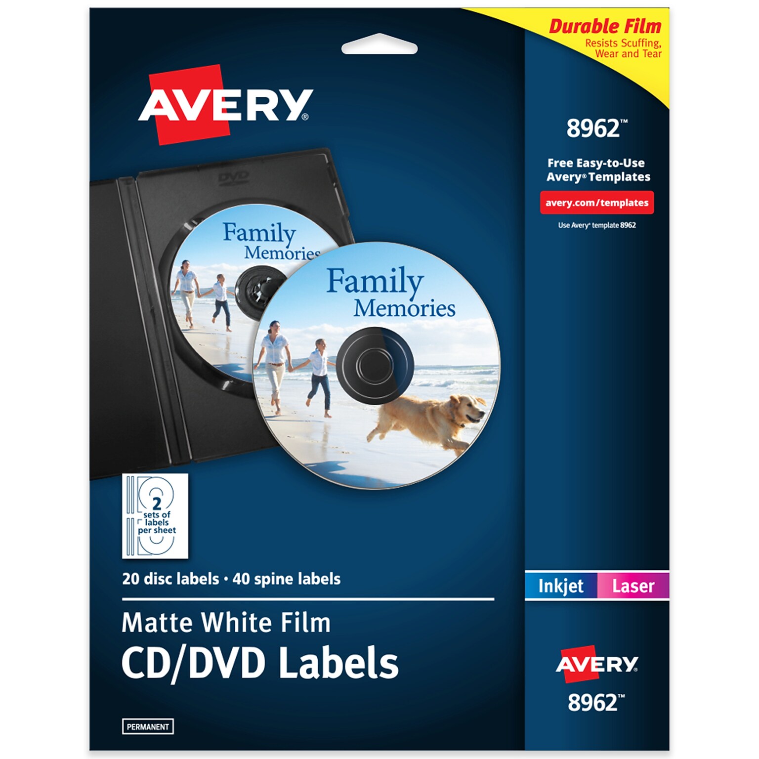 Avery Inkjet Film DVD Labels, Matte White, 2 Labels/Sheet, 10 Sheets/Pack, 20 Labels/Pack (8962)