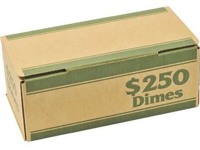CONTROLTEK $250 Dimes Coin Box, 1-Compartment, Kraft/Green, 50/Pack (560061)