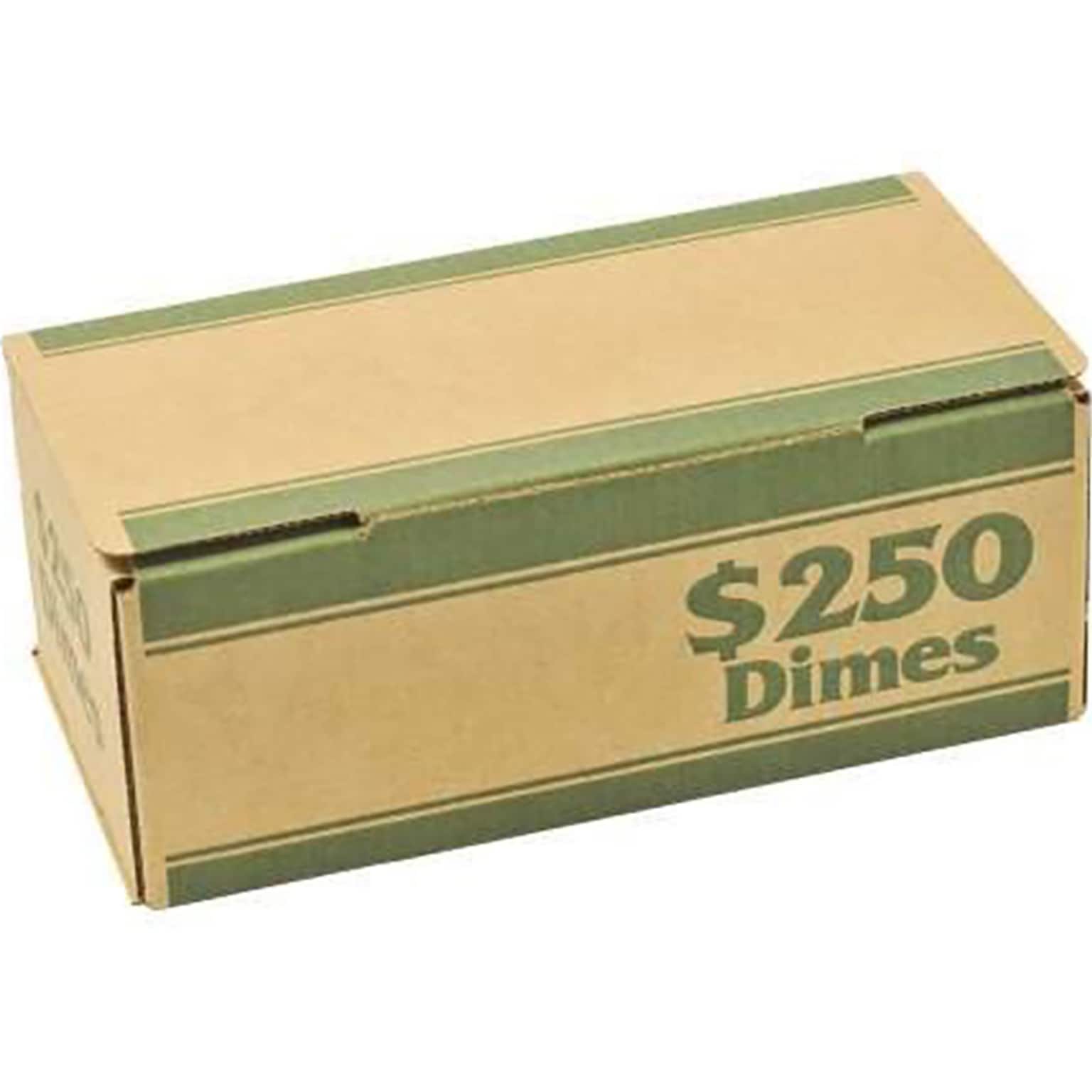 CONTROLTEK $250 Dimes Coin Box, 1-Compartment, Kraft/Green, 50/Pack (560061)