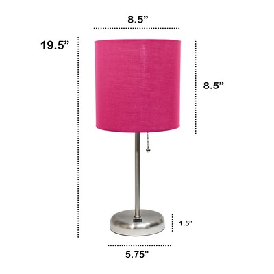 Creekwood Home Oslo 19.5" LED Table Lamp with USB Port, Brushed Steel/Pink Shade (CWT-2012-PN)
