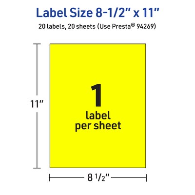 Avery Laser/Inkjet Multipurpose Rectangle Labels, 8.5" x 11", Neon Yellow, 20/Pack (94269)
