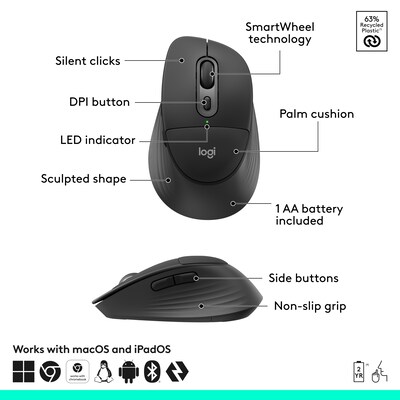 Logitech Signature Comfort Plus M850 L for Business Wireless Curved Ergonomic USB-C Optical Mouse, G