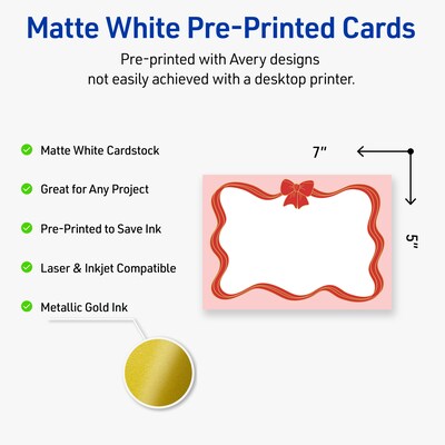 Avery Gold-Pink Bow General Use Blank Cards, White, 20/Pack (S00-FFK)
