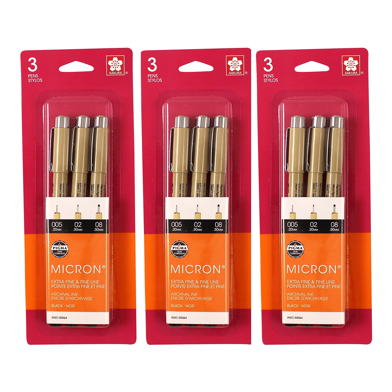 Sakura Pigma Micron Pen, Fineliner, Multicolor Ink, 3/Bundle (SAK50145-3)
