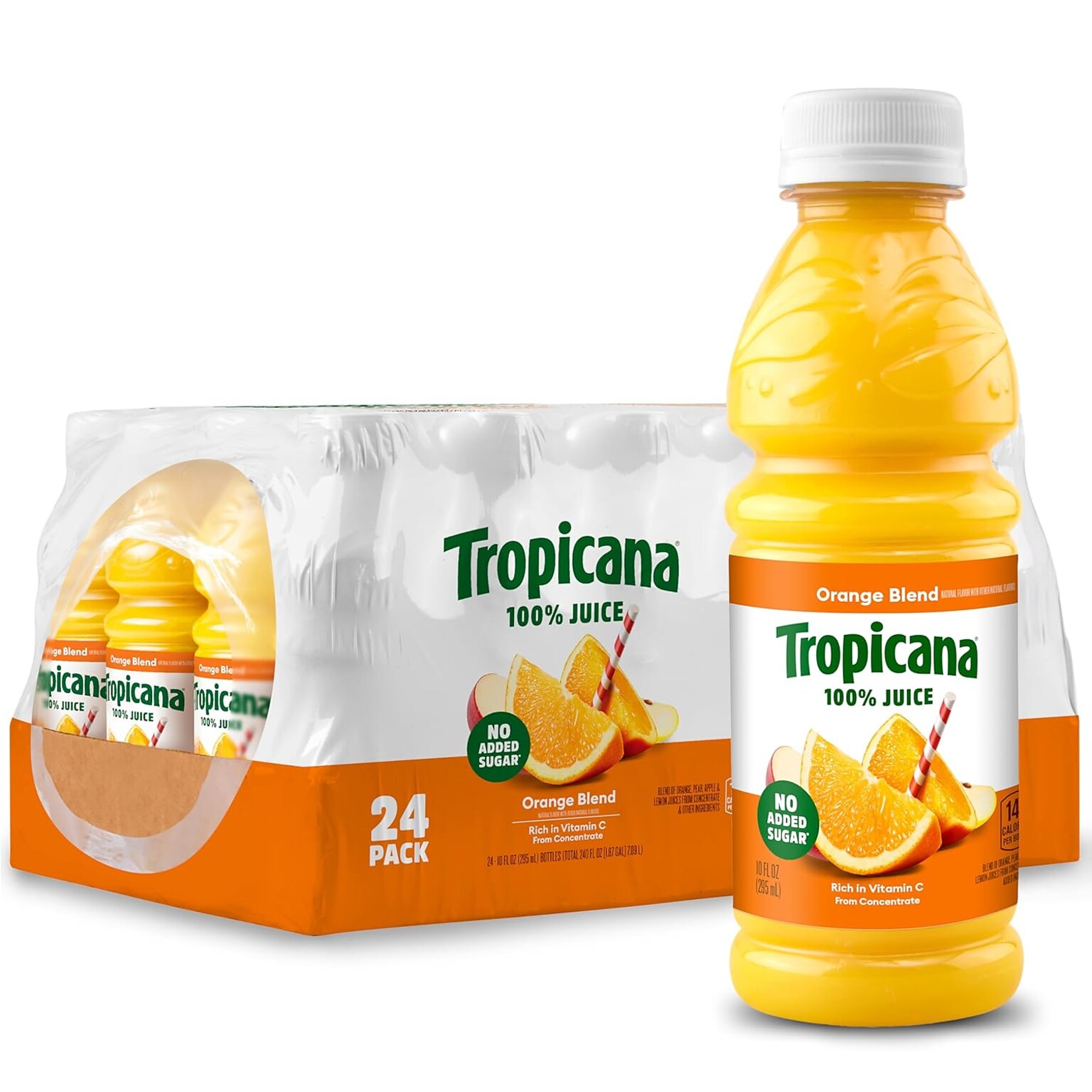 Tropicana 100% Orange Juice, No Sugar Added, No Pulp, 10 oz., 24 Bottles/Pack (TRO00233)