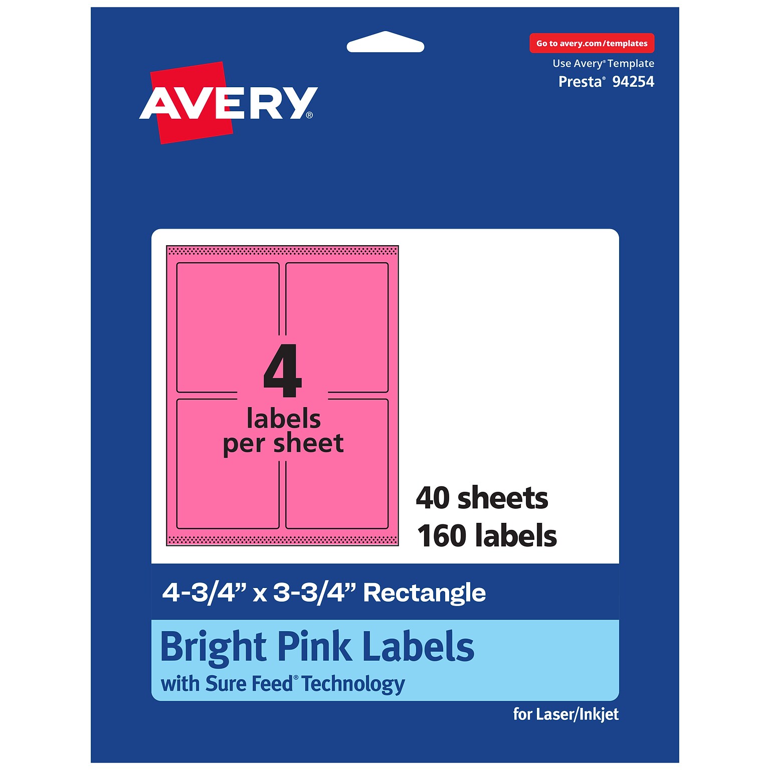 Avery Laser/Inkjet Rectangle Multipurpose Labels, 4.75 x 3.75, Bright Pink, 160/Pack (94254)