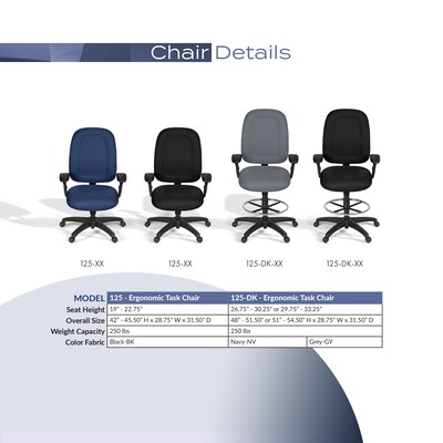 Regency Comfort Series Armless Ergonomic Fabric Swivel Task Chair, Black (125-BK)