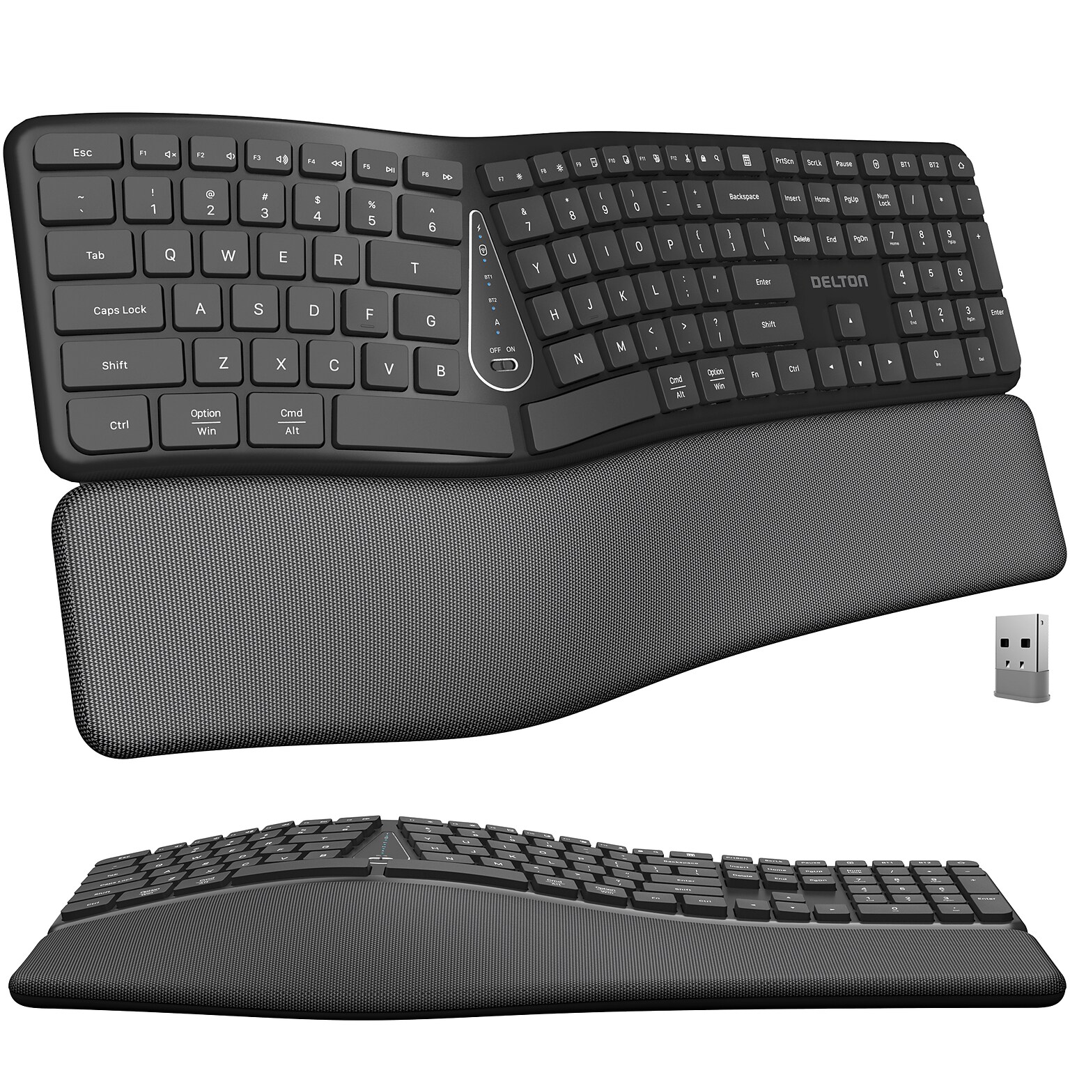 Delton KB250 Ergonomic Wireless Curved Keyboard with Cushioned Wrist Rest, Black (DKBE250-WR)