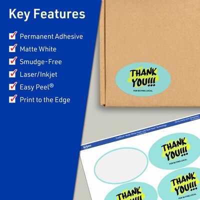Avery TrueBlock Laser/Inkjet Oval Multipurpose Labels, 2 x 3-1/3, White, 800/Box (94056)