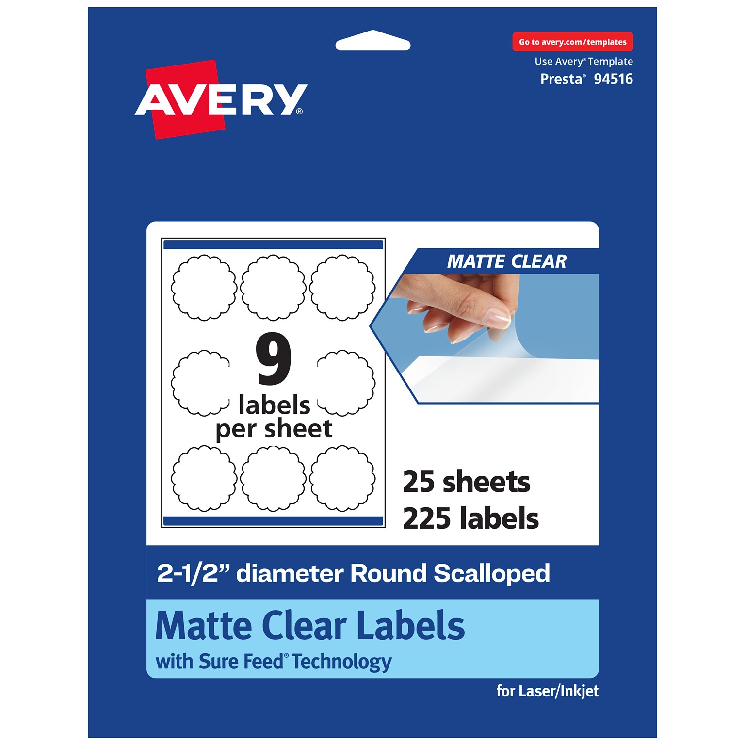 Avery Laser/Inkjet Decorative Edge Multipurpose Labels, 2.5 Dia., Clear, 225/Pack (94516)