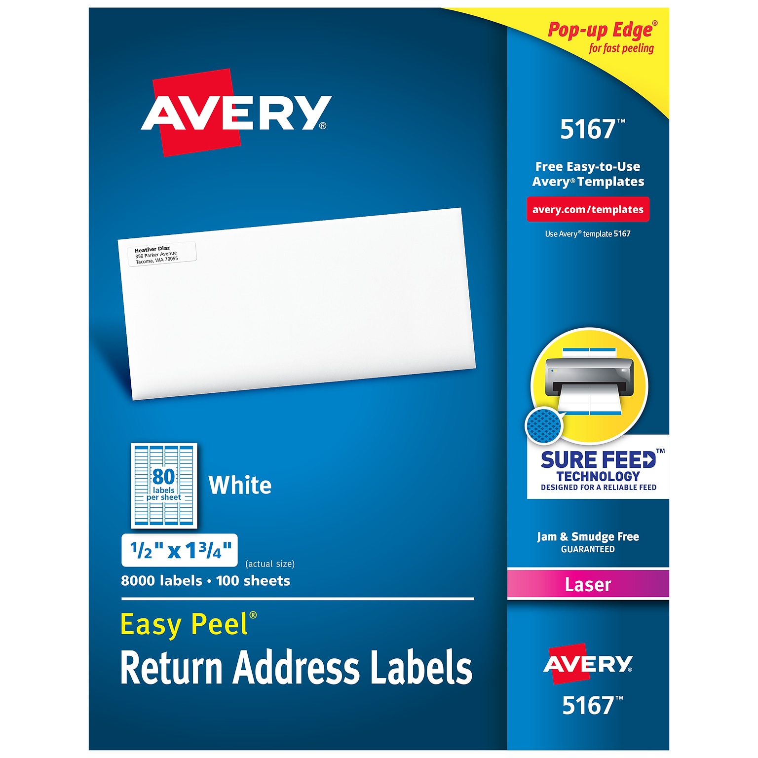 Avery Easy Peel Laser Return Address Labels, 1/2 x 1-3/4, White, 80 Labels/Sheet, 100 Sheets/Pack  (5167)
