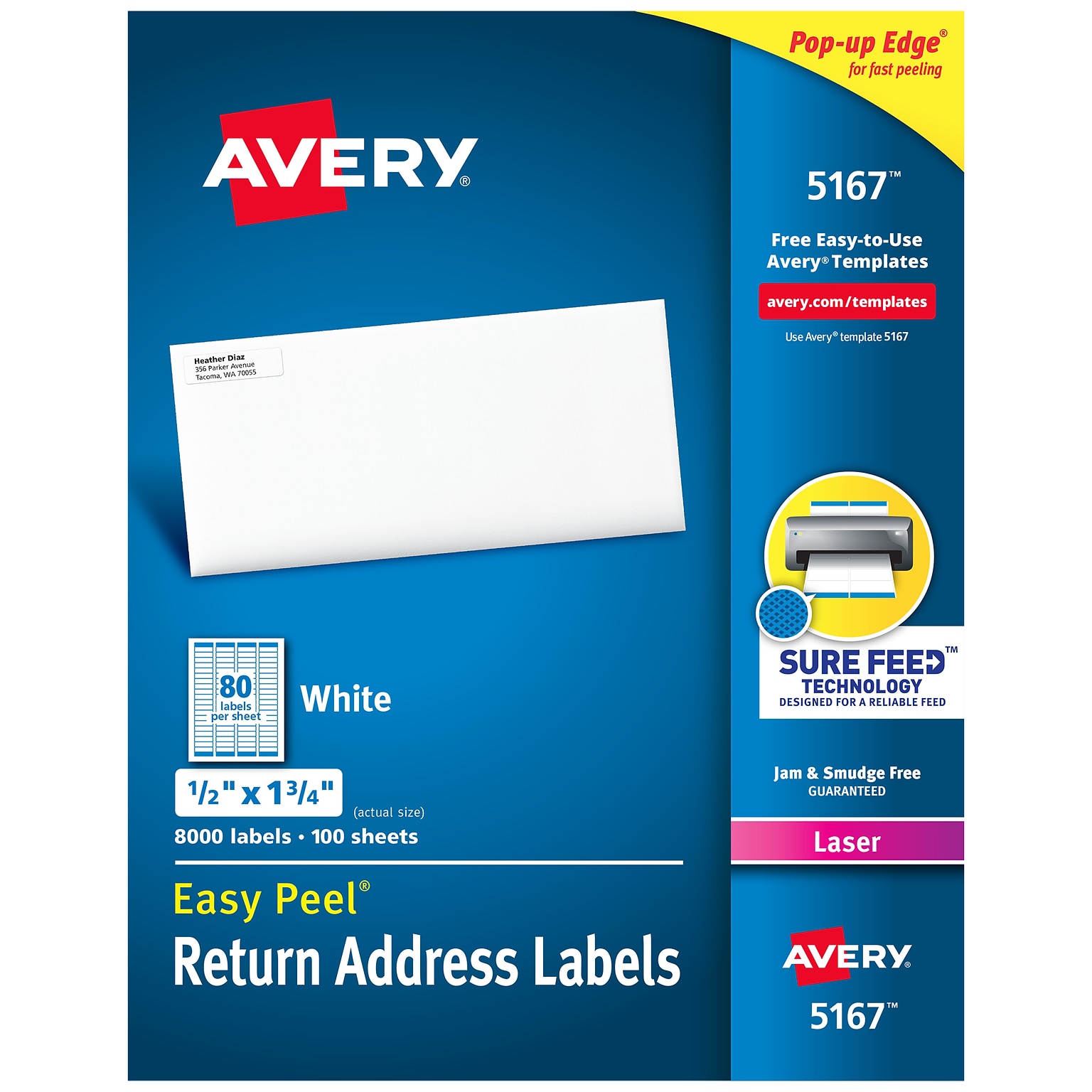 Avery Easy Peel Laser Return Address Labels, 1/2 x 1-3/4, White, 80 Labels/Sheet, 100 Sheets/Pack (5167)