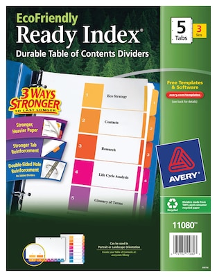 Avery Ready Index Table of Contents EcoFriendly Paper Dividers, 1-5 Tabs, Multicolor, 3 Sets/Pack (1
