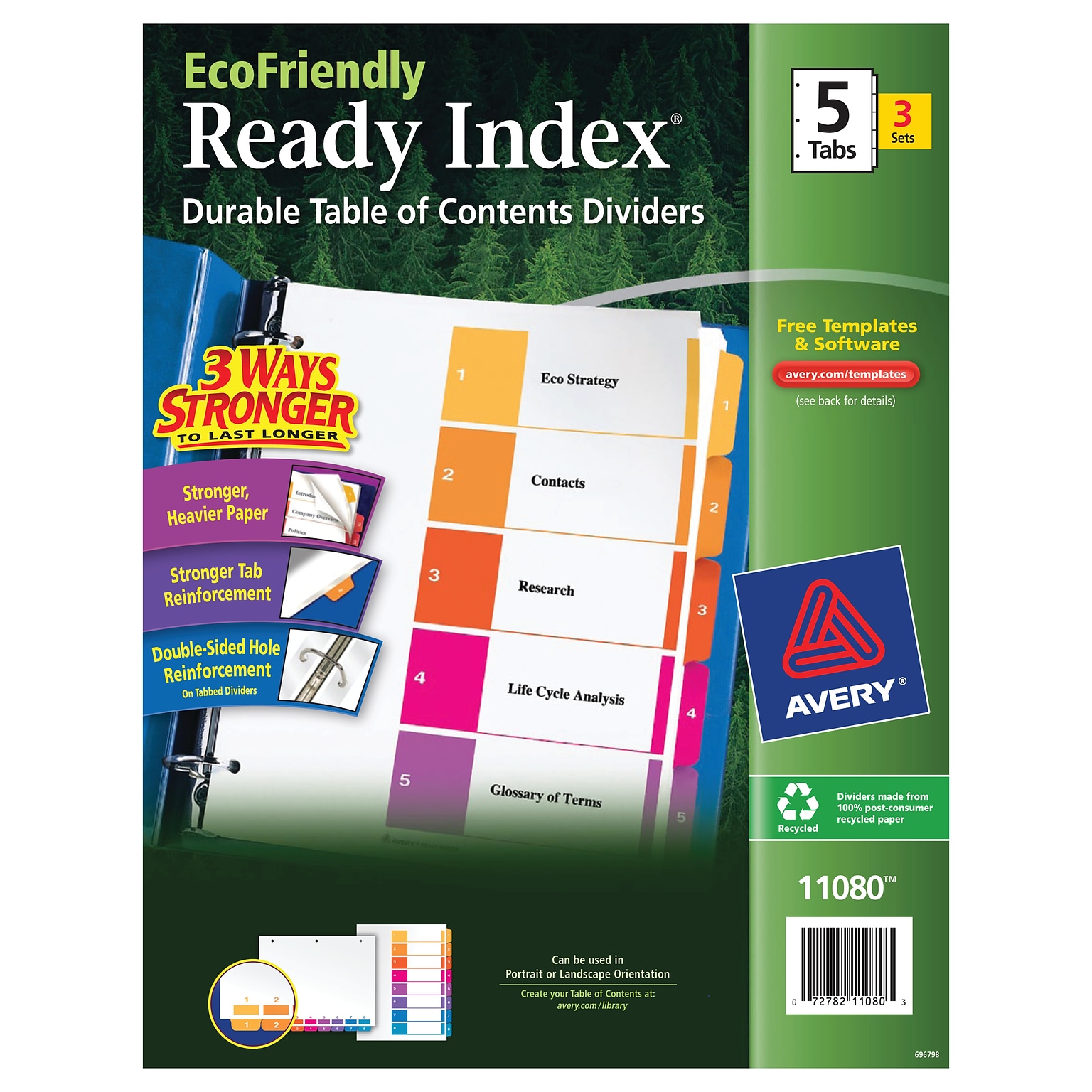 Avery Ready Index Table of Contents EcoFriendly Paper Dividers, 1-5 Tabs, Multicolor, 3 Sets/Pack (11080)