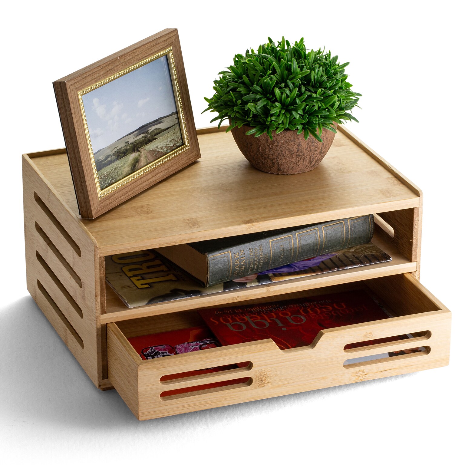 Officemate Bamboo Desk Accessories 2-Compartment Stackable Bamboo Desk Organizer, Natural Wood Grain (71005)