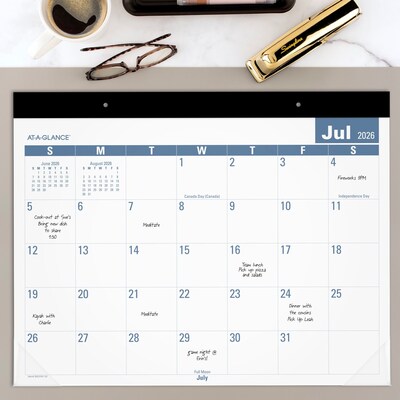 2026-2027 AT-A-GLANCE 21.75" x 17" Academic Monthly Desk Pad Calendar, White & Blue (SKLPAY-32-27)