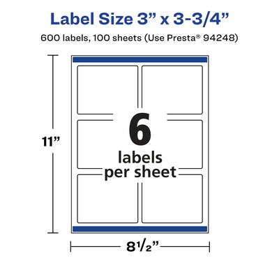 Avery Laser/Inkjet Waterproof Multipurpose Rectangle Labels, 3" x 3.75", White, 600 Labels/Box (94248)
