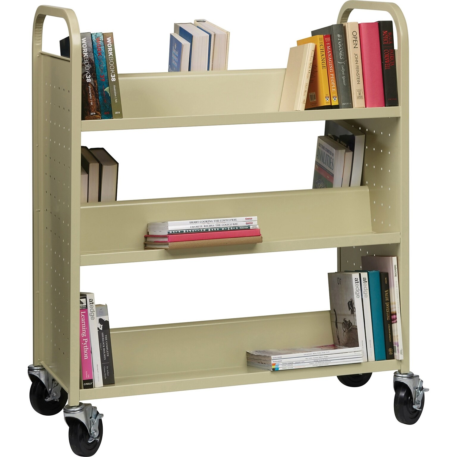 Lorell Fortress Series 6-Shelf Metal Mobile Book Cart with Caster Wheels, Putty (LLR49202)