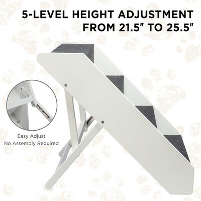 Arf Pets Foldable Wood Dog & Cat Stairs, 4 Levels Height Adjustment, White (APSTPSWH)