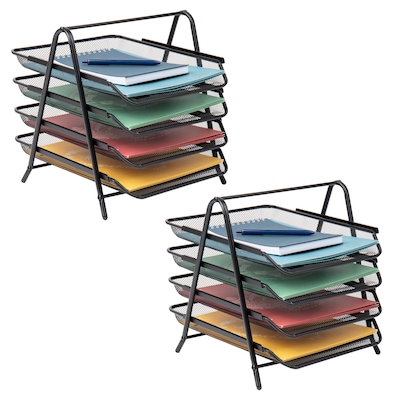 Mind Reader 4-Tier Stackable Paper Desk Tray Organizer, Metal, Black, 2/Pack (4TPAP2PK-BLK)