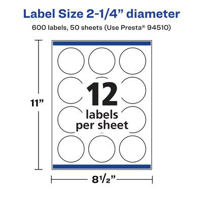 Avery Laser/Inkjet Multipurpose Circle Labels, 2.25" Dia, Glossy Clear, 600/Box (94510)