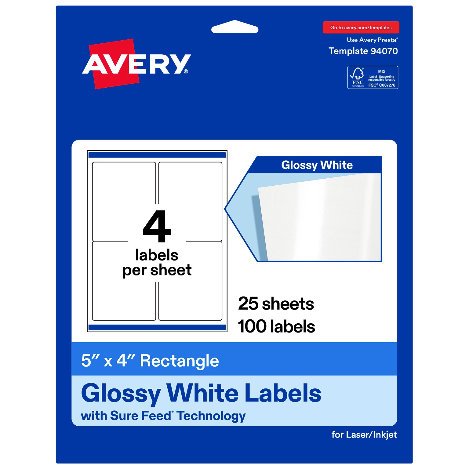 Avery Rectangle Laser/Inkjet Multipurpose Labels, White, 4 Labels/Sheet, 25 Sheets/Pack (19479311208)