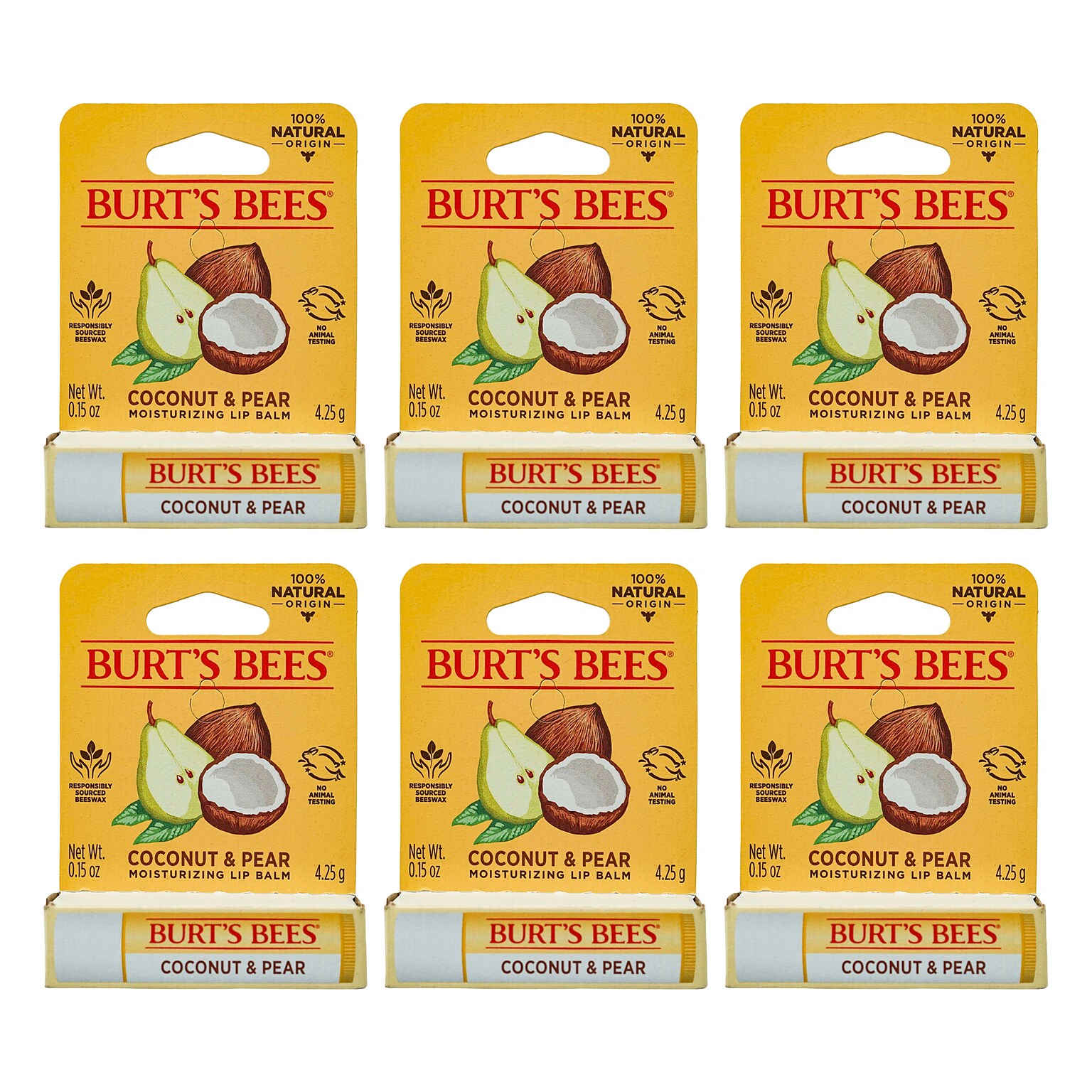 Burts Bees Coconut & Pear Lip Balm, 0.15 oz Tube, 6 Tubes/Traypack, 12 Traypacks/Carton
