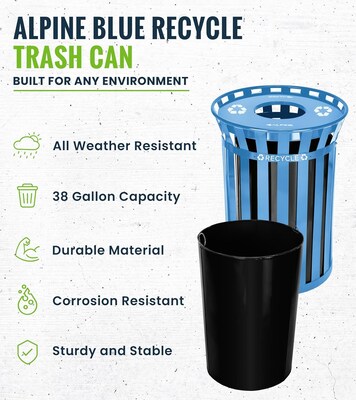 Alpine Industries Metal Commercial Outdoor Recycling Receptacle, 38 Gallon, Black/Blue (479-38-BLU)