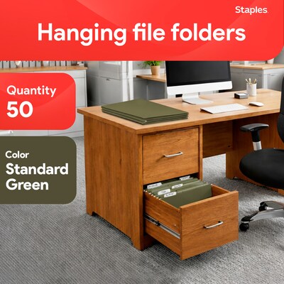 Staples 95% Recycled Hanging File Folder, 1/5-Cut Tab, Legal Size, Standard Green, 50/Box (ST490853/490853)