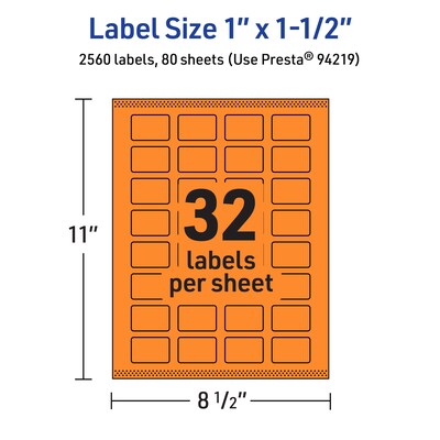 Avery Laser/Inkjet Multipurpose Rectangle Labels, 1" x 1.5", Bright Orange, 2560/Box (94219)