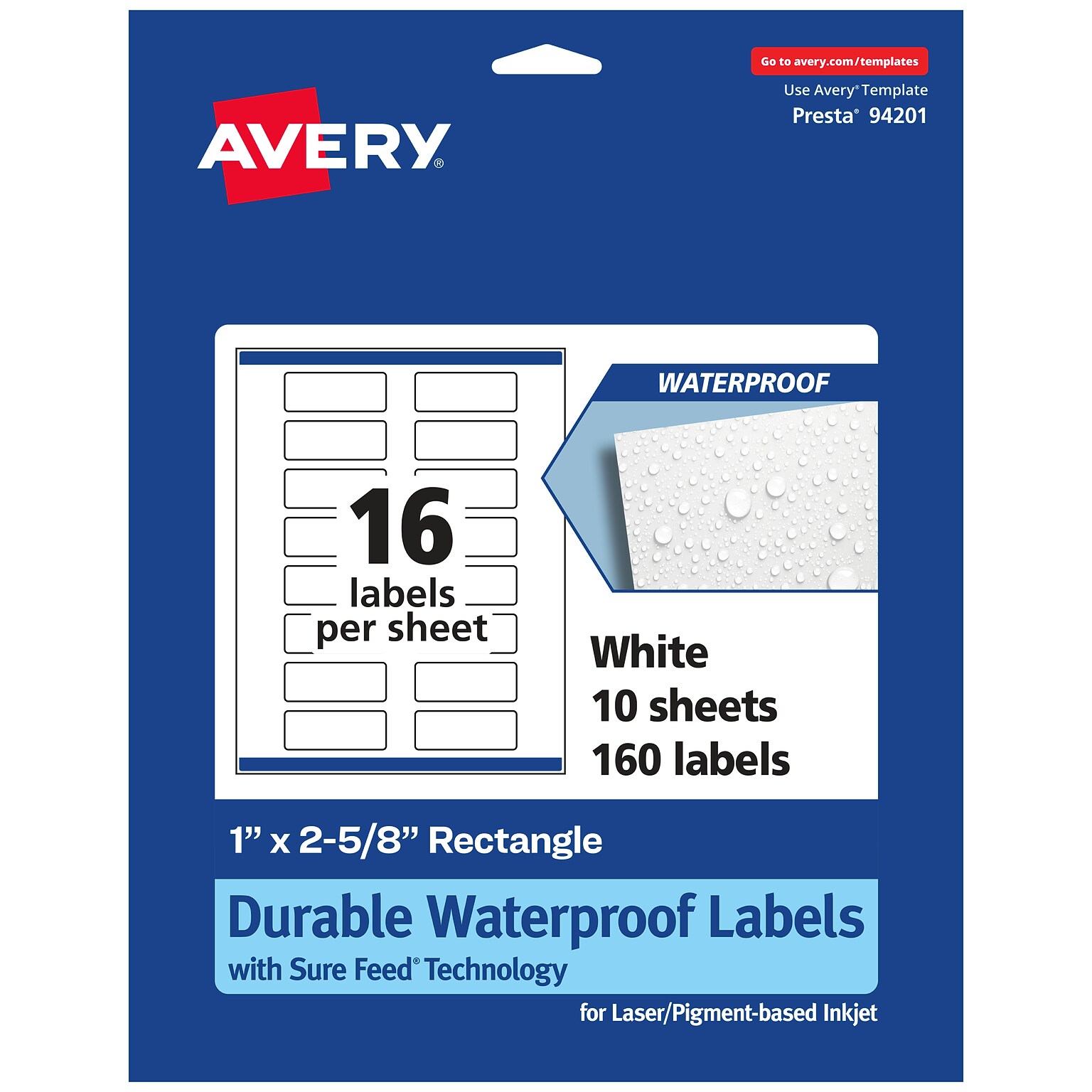 Avery Laser/Inkjet Rectangle Waterproof Multipurpose Labels, 2.625  x 1, White, 160/Pack (94201)
