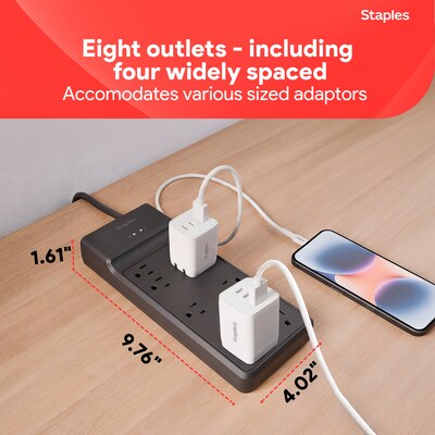 Staples TECH 8-Outlet Surge Protector, 12', 4500 Joules, Black (ST62782)