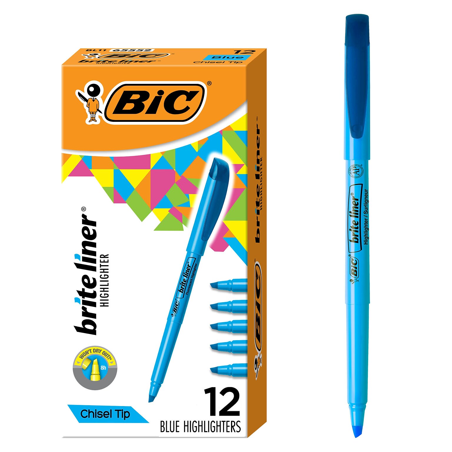 BIC Brite Liner Stick Highlighter, Chisel Tip, Blue, 12/Pack (65552/BL11BE)