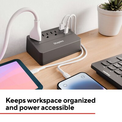 Staples TECH 3-Outlet 3-USB Port Surge Protector, 5', 900 Joules, Black (ST62770)