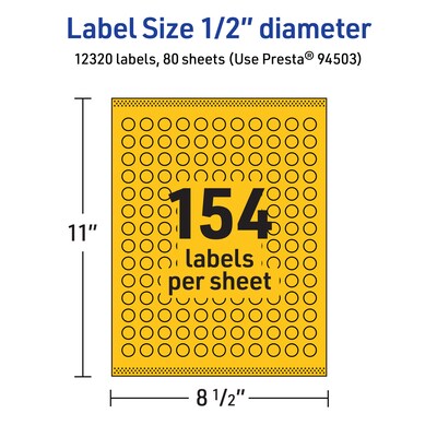 Avery Laser/Inkjet Round Multipurpose Labels, 0.5" Dia., Bright Yellow, 12320/Box (94503)