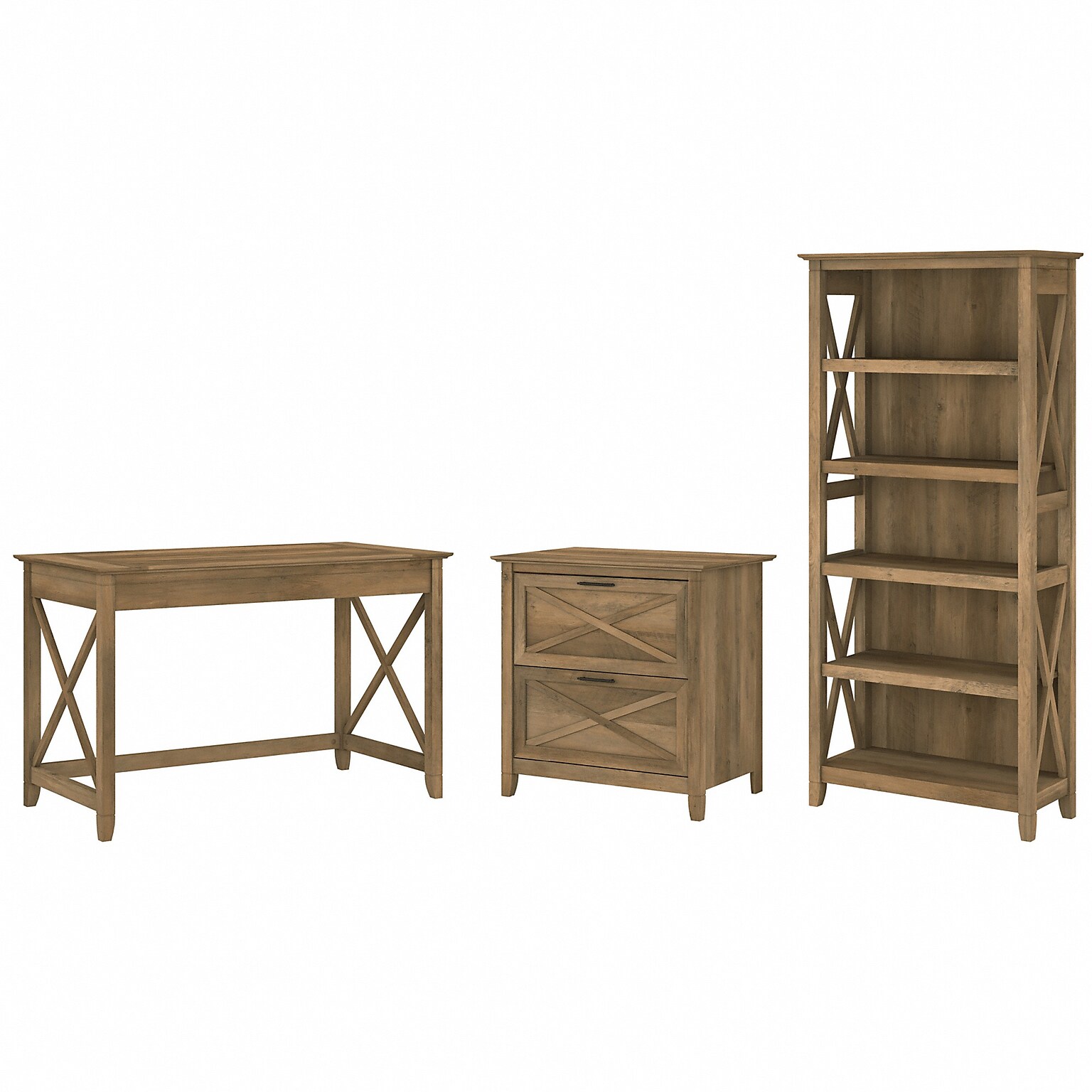 Bush Furniture Key West 48 Writing Desk with File Cabinet and 5-Shelf Bookcase, Reclaimed Pine (KWS004RCP)