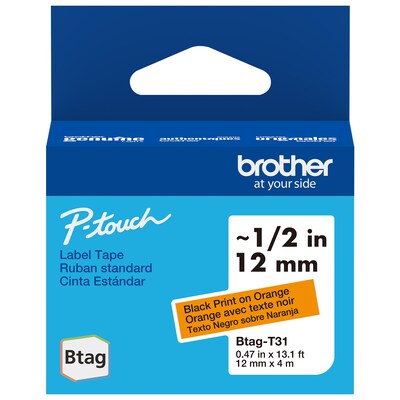 Brother Genuine P-touch Btag Black on Orange Label Tape, 1/2 in x 13.1 ft (12 mm x 4 m) (BTAGT31)