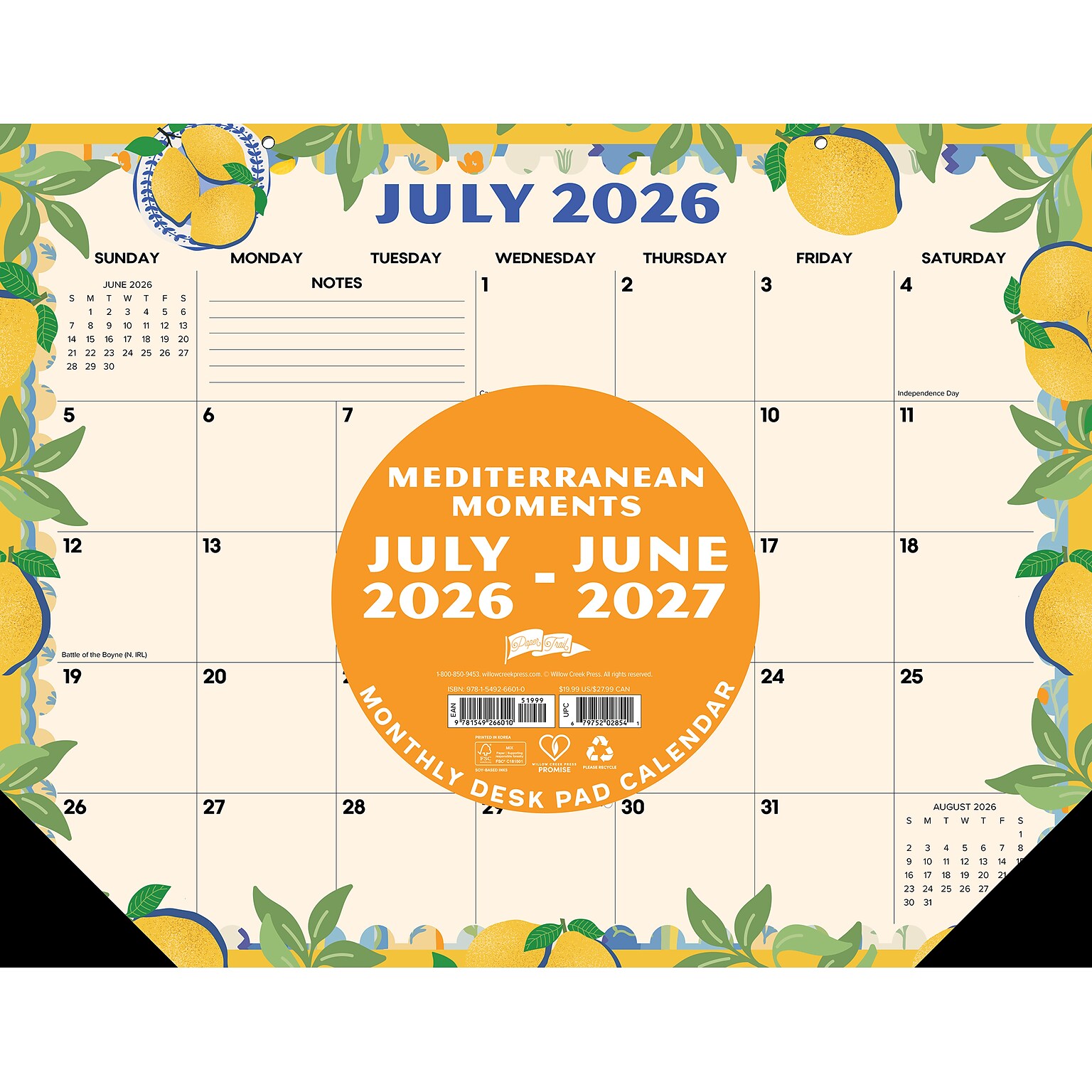 2026-2027 Willow Creek 22 x 17 Academic Monthly Desk Pad Calendar, Mediterranean Moments (66010)
