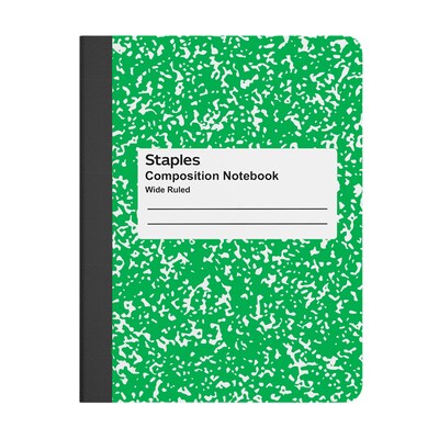 STAPLES Composition Notebook, 9.75” x 7.5”, Wide Ruled, 100 Sheets, Green Cover
