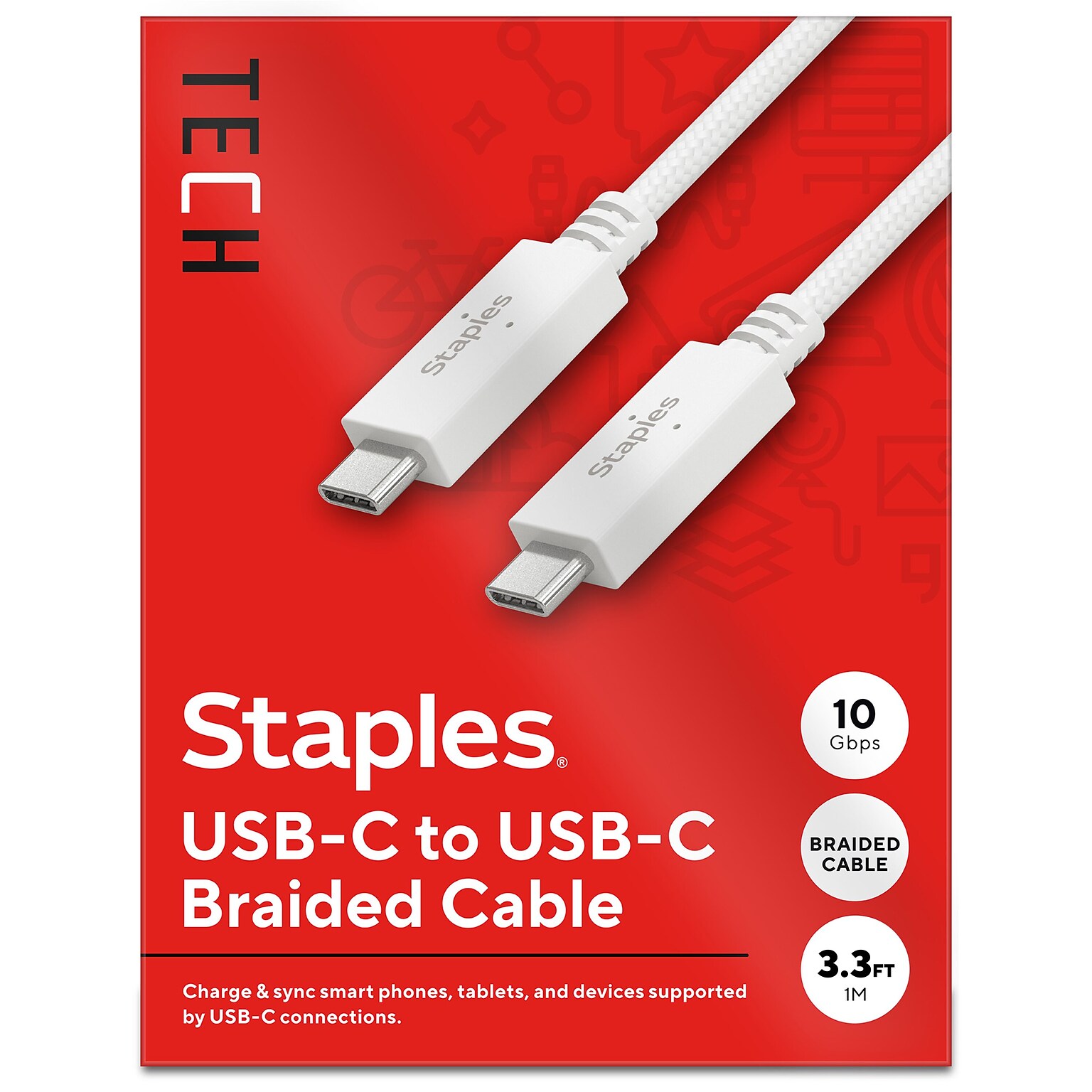 Staples TECH USB-C to USB-C Charging Cable, 3.3 ft., White (ST62317)