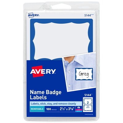 Avery Adhesive Sticker Name Tag Labels, White/Blue, 100 Name Badges/Pack (13971/5144)
