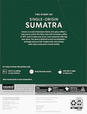 Starbucks Sumatra Coffee Keurig® K-Cup® Pods, Dark Roast, 24/Box (SBK22964)