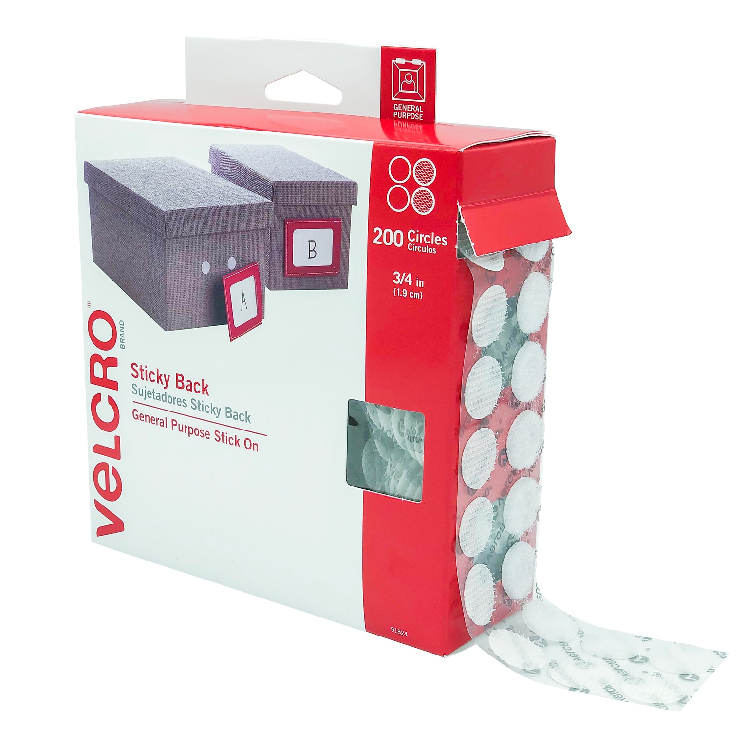 Velcro® Brand 3/4 Sticky Back Hook & Loop Fastener Dots, White, 200/Pack (91824)