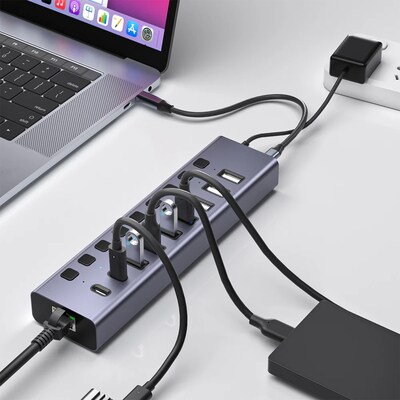 4XEM 10-Port USB 3.0 Hub with Gigabit Ethernet, Gray (4XHBC006)