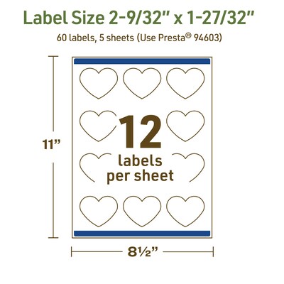 Avery Dissolvable Heart Shaped Multipurpose Labels, 2-9/32" x 1-27/32", Off-white, 60/Pack (94603)