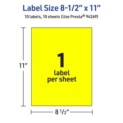 Avery Laser/Inkjet Multipurpose Rectangle Labels, 8.5" x 11", Neon Yellow, 10/Pack (94269)