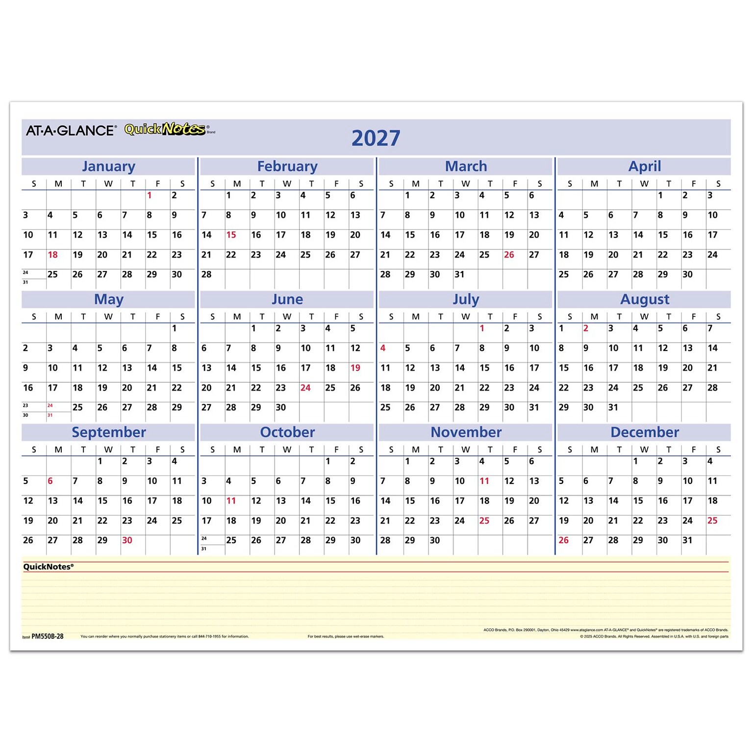 2027 AT-A-GLANCE QuickNotes 16 x 12 Yearly Undated Dry Erase Wall Calendar, Reversible (PM550B-28-27)