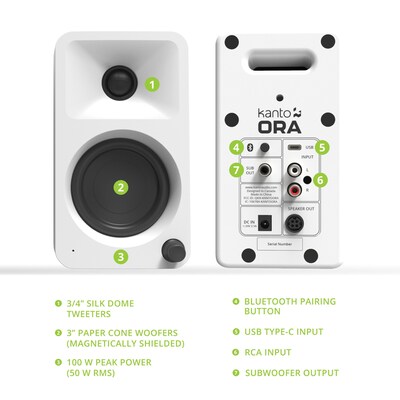 Kanto ORA 100W Bluetooth Reference Desktop Speaker, White, Pair (ORAMW)